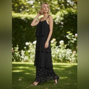 NWT ANINE Bing Daisy Polka Dot Tiered Maxi Dress Black White Size S
